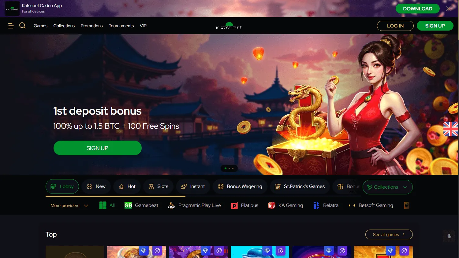 Katsubet Casino desktop home experience